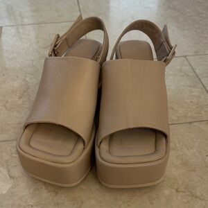 Paloma Barcelo Taupe Open-Toe Platform Slingback Wedges